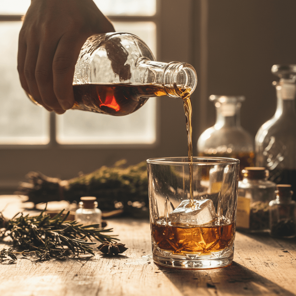 Hand pouring amber amaro spirit into crystal glass with dried botanicals and vintage vessels in warm golden light