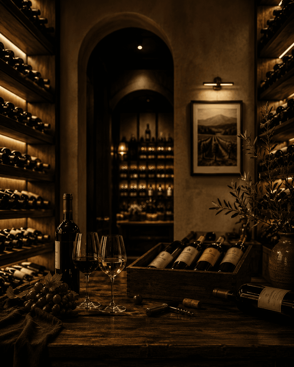 Cave à vin tamisée avec bouteilles, verres de vin et raisins sur table rustique.