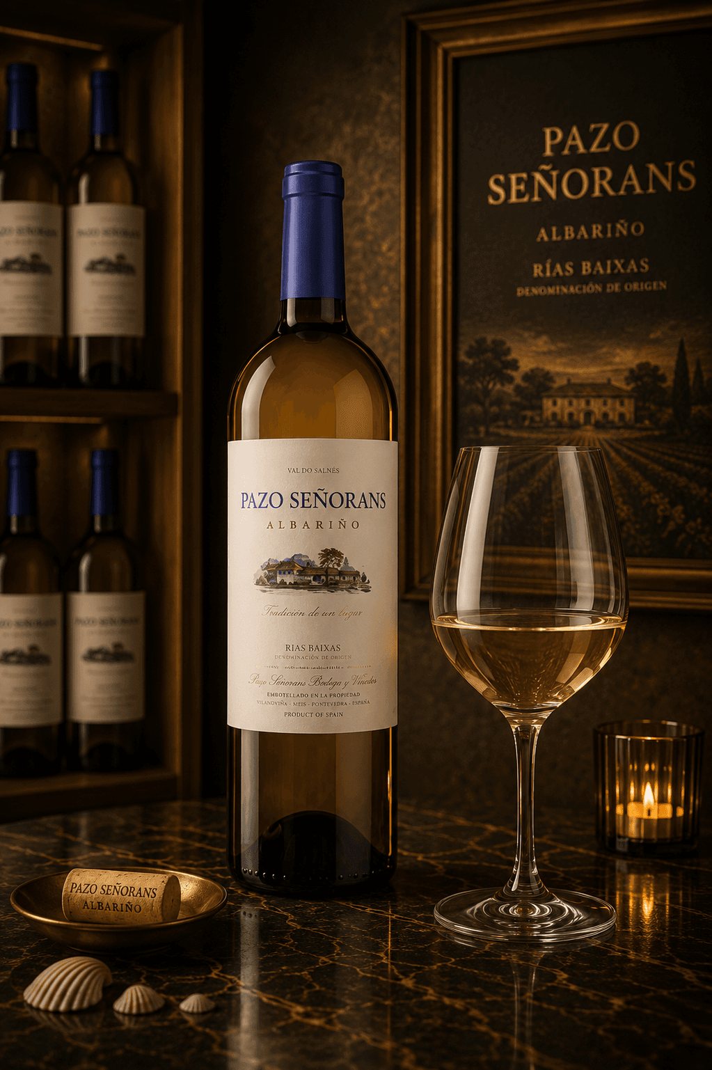 Bouteille de vin Pazo Señorans Albariño et verre rempli sur une table en marbre sombre.