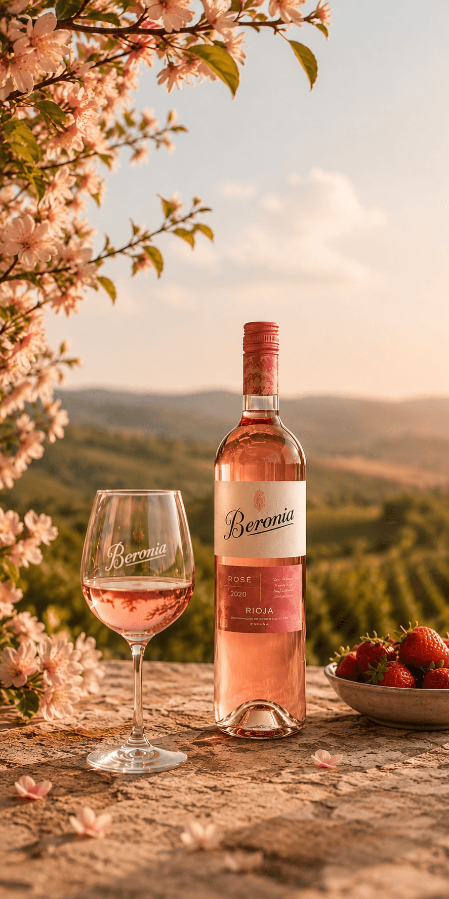Bouteille de rosé Beronia, verre et fraises devant un vignoble et des fleurs de cerisier.