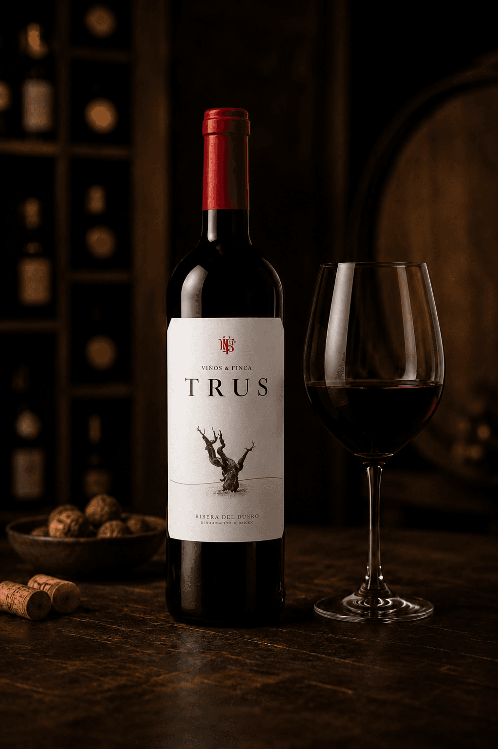 Bouteille de vin rouge Trus et verre sur une table en bois dans une cave.