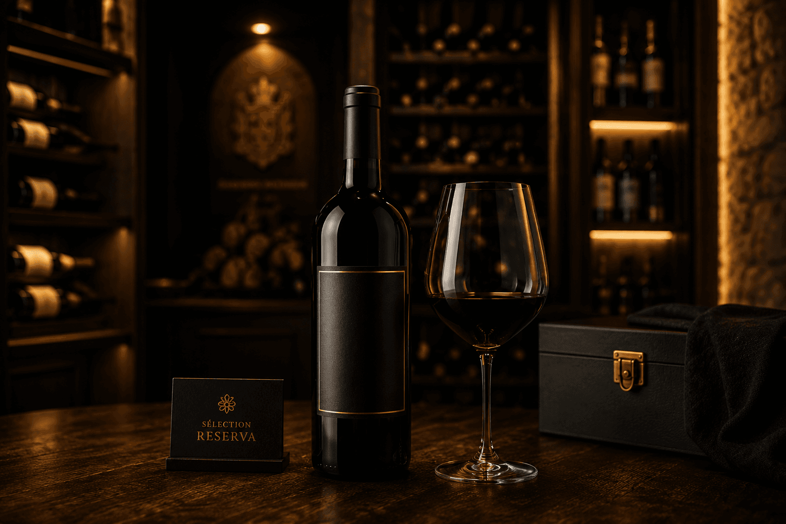 Bouteille de vin rouge, verre et carte Sélection Reserva dans une cave à vin sombre.