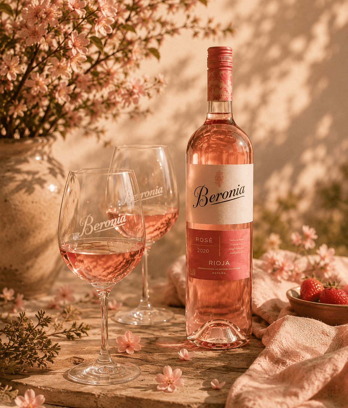 Bouteille de rosé Beronia, deux verres et fleurs roses sur une table en bois ensoleillée.