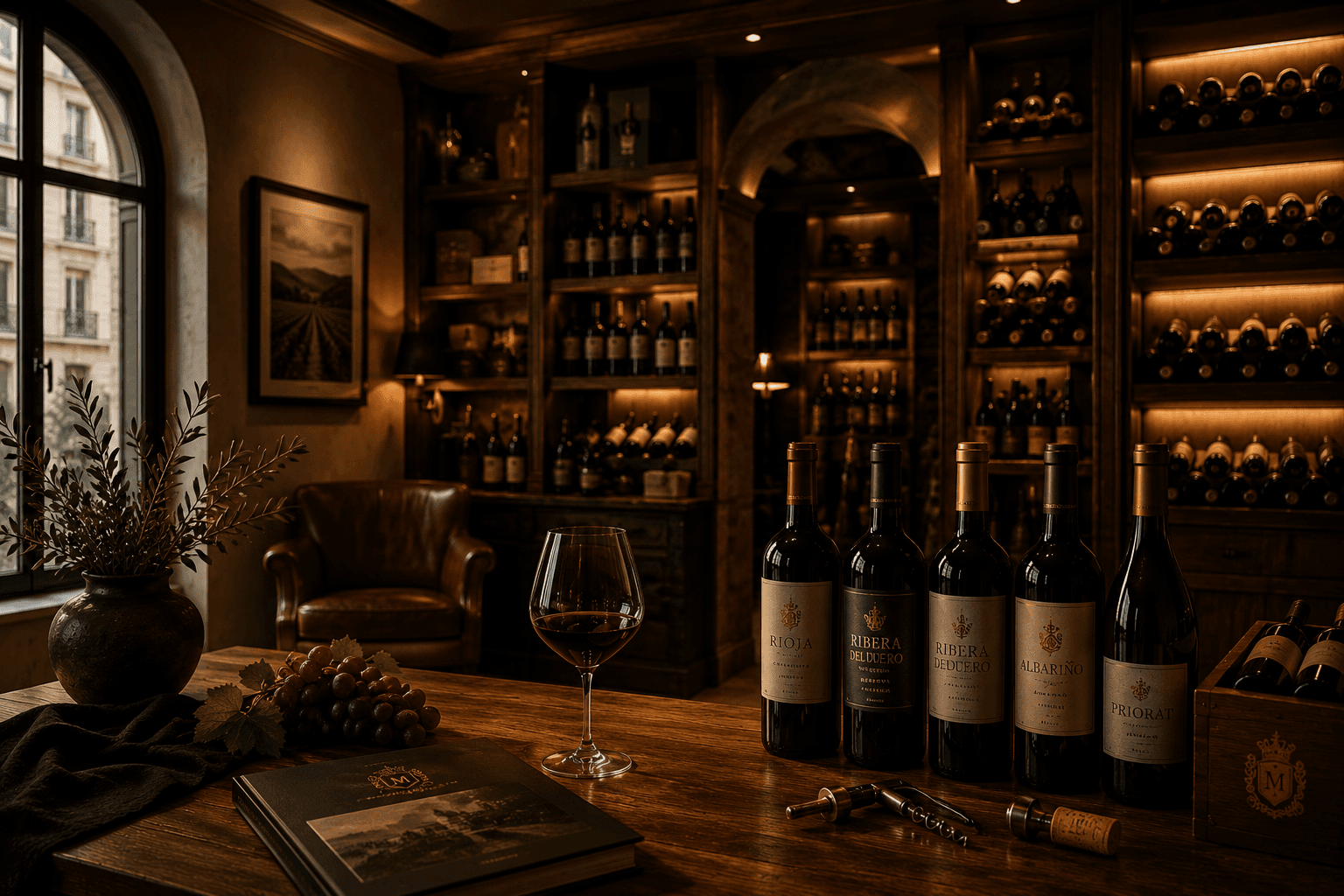 Bouteilles de vin, verre et raisins sur une table en bois dans une cave luxueuse.