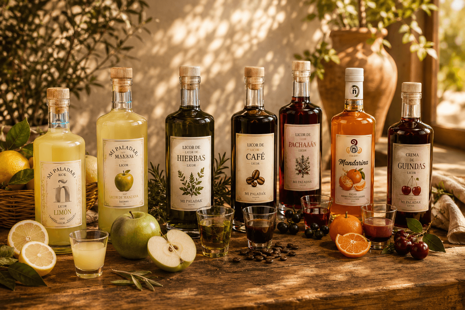 Sept bouteilles de liqueurs artisanales, fruits frais et verres sur une table en bois rustique.