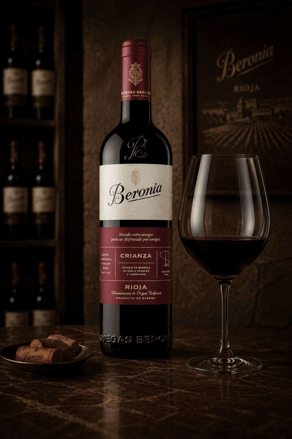 Bouteille de vin rouge Beronia Rioja Crianza à côté d'un verre dans une cave.