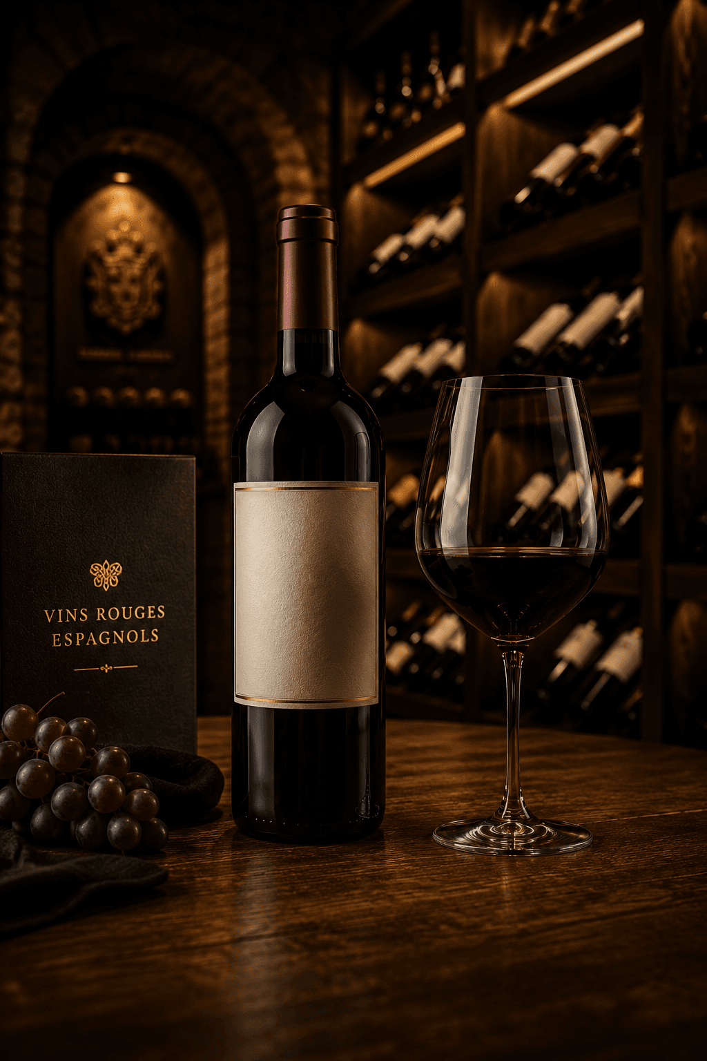 Bouteille de vin rouge, verre, raisins et menu espagnol dans une cave à vin sombre.
