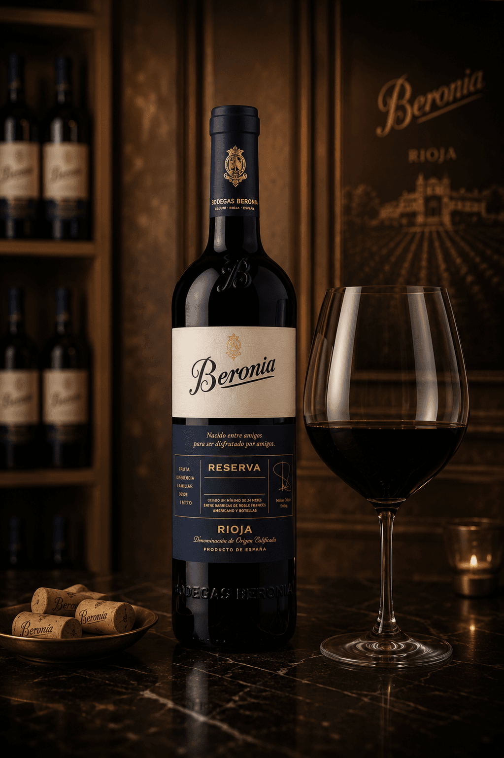 Bouteille de vin Beronia Rioja Reserva et verre de vin rouge sur un marbre sombre.