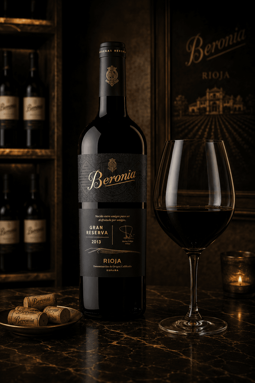 Bouteille de Rioja Beronia Gran Reserva 2013 et verre de vin rouge sur marbre.