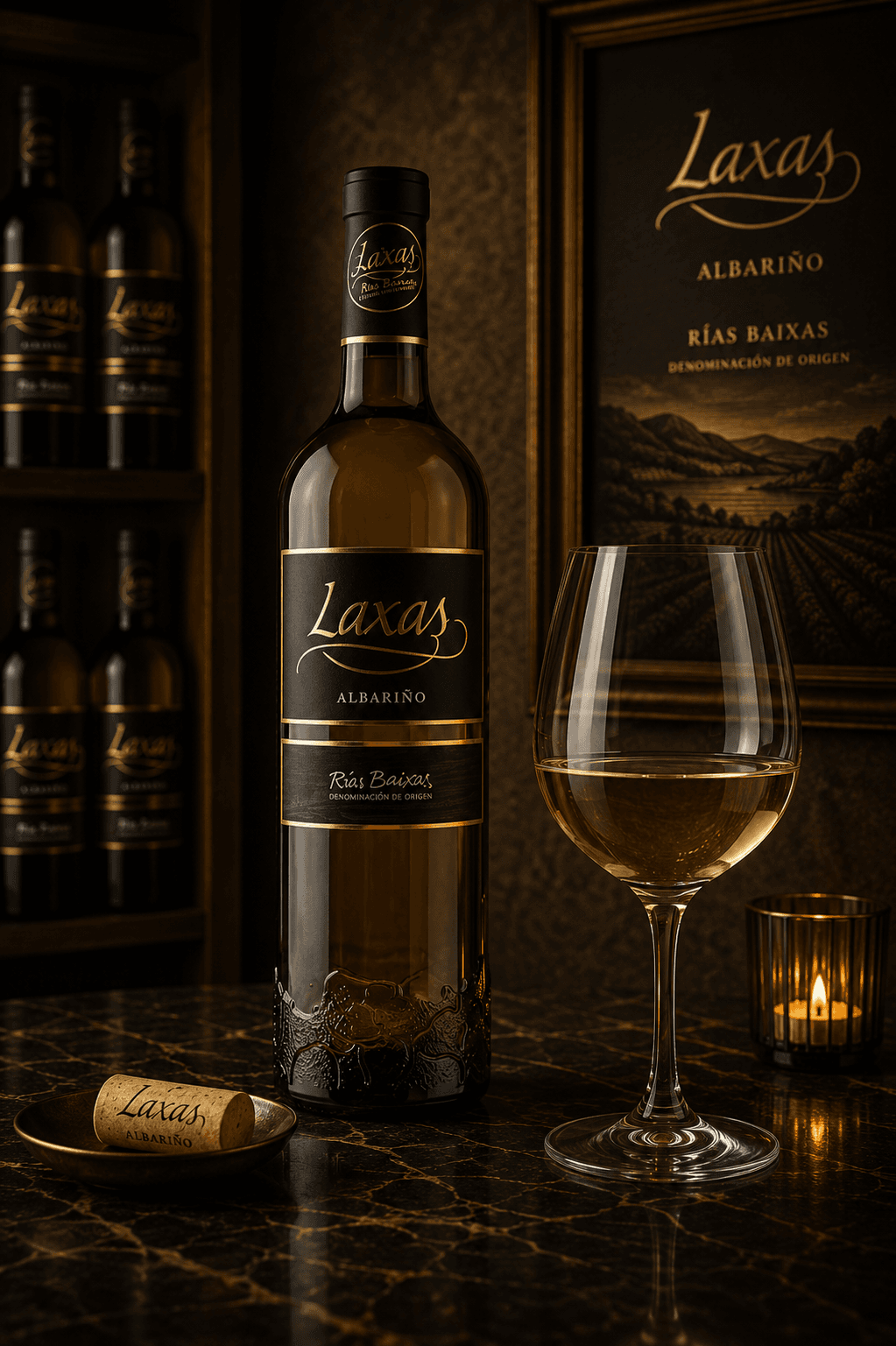 Bouteille de vin Laxas Albariño avec un verre, un bouchon et une bougie allumée.