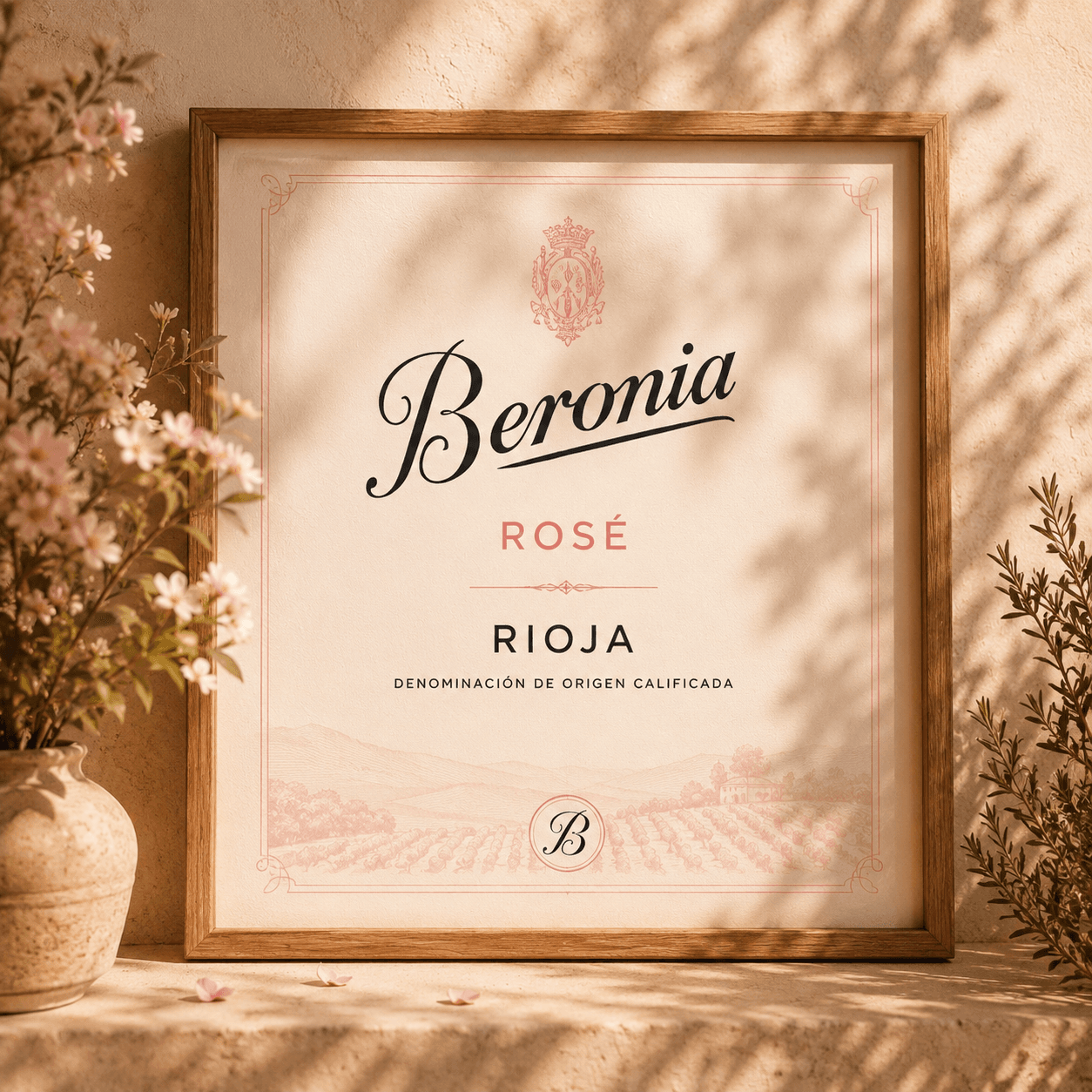 Affiche encadrée de l'étiquette Beronia Rosé Rioja avec des fleurs roses et des ombres.
