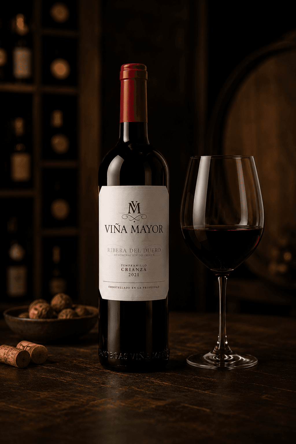 Bouteille de vin rouge Viña Mayor et verre élégant sur une table en bois sombre.