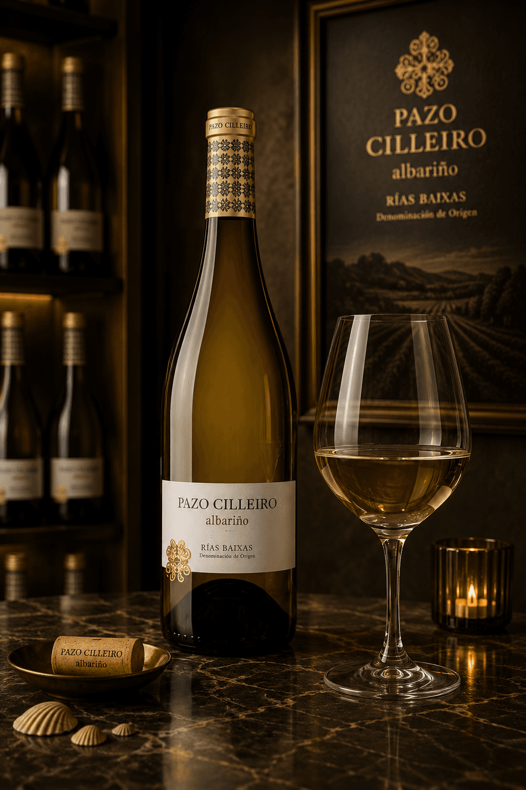 Bouteille de vin Pazo Cilleiro Albariño et verre rempli sur une table en marbre sombre.