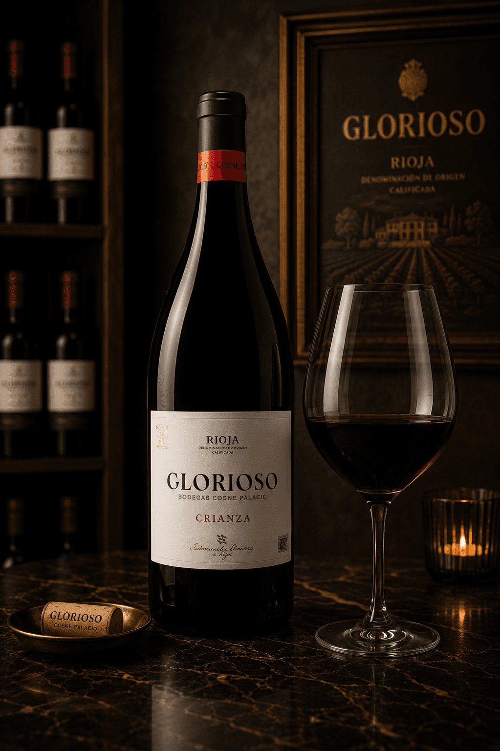 Bouteille de vin rouge Glorioso Rioja Crianza et verre rempli sur une table en marbre.