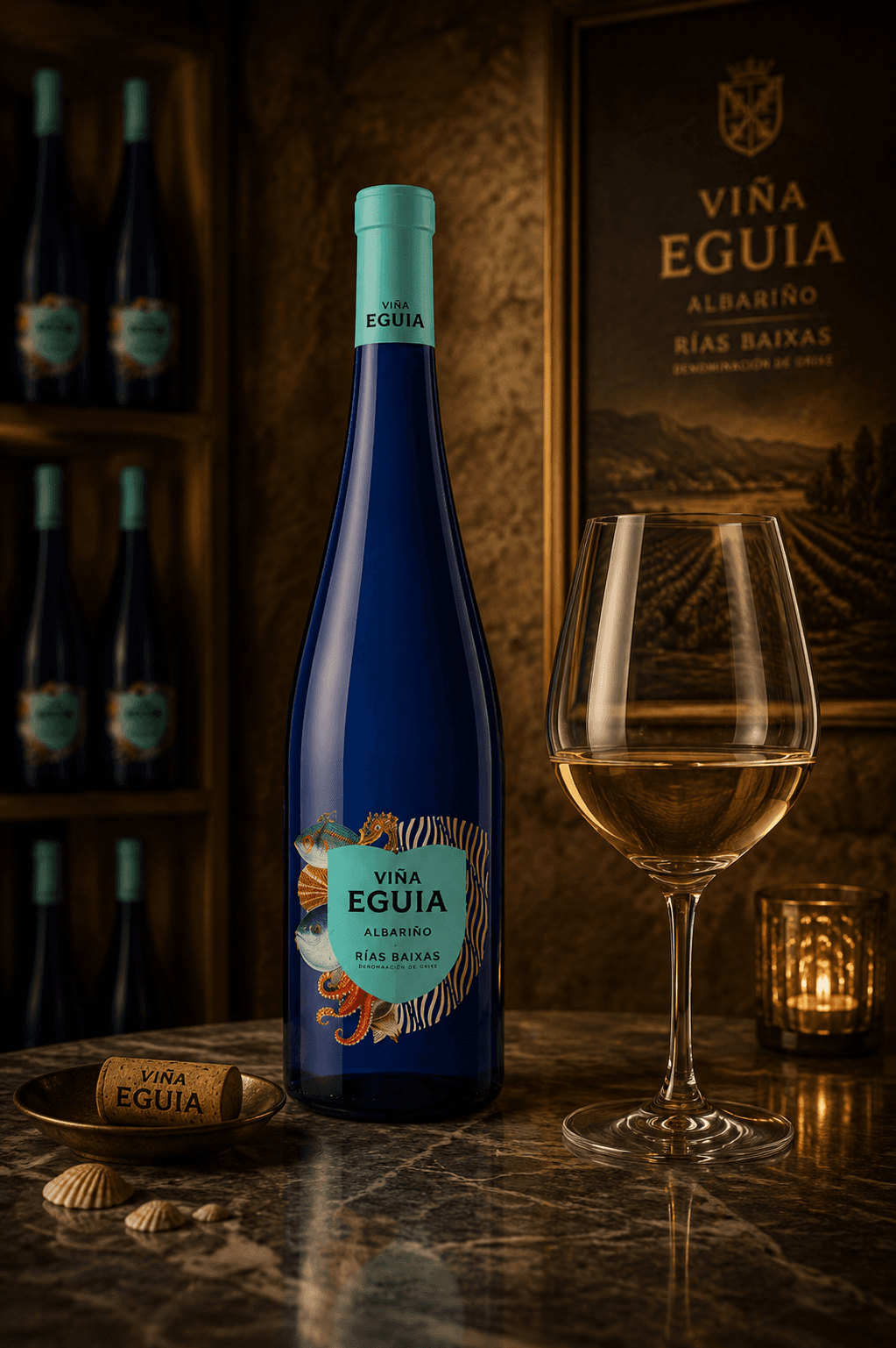 Bouteille bleue Viña Eguia, verre de vin blanc et coquillages sur table en marbre.