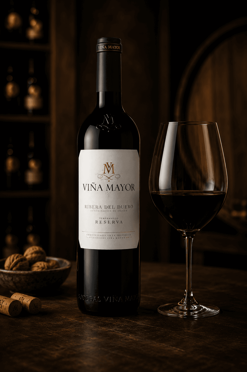 Bouteille de vin rouge Viña Mayor Reserva et verre sur une table en bois sombre.