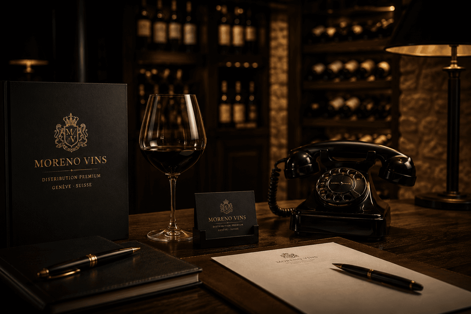Verre de vin rouge, téléphone vintage et papeterie Moreno Vins dans une cave élégante.