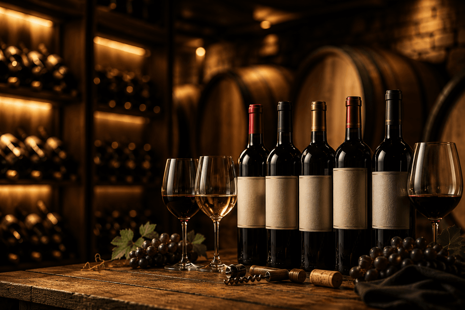 Bouteilles de vin, verres et raisins sur une table rustique dans une cave sombre.