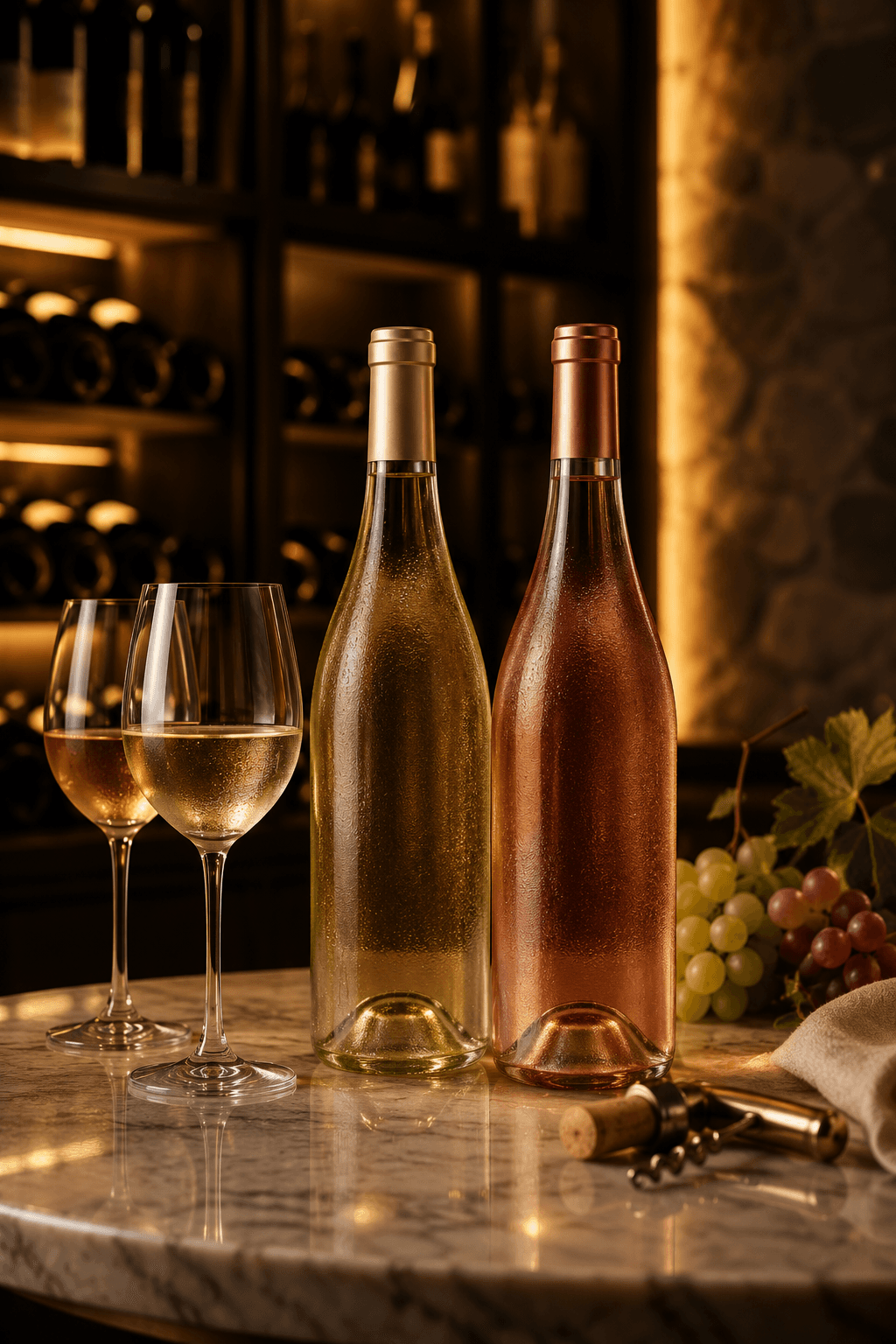 Bouteilles de vin blanc et rosé fraîches, verres et raisins sur une table en marbre.