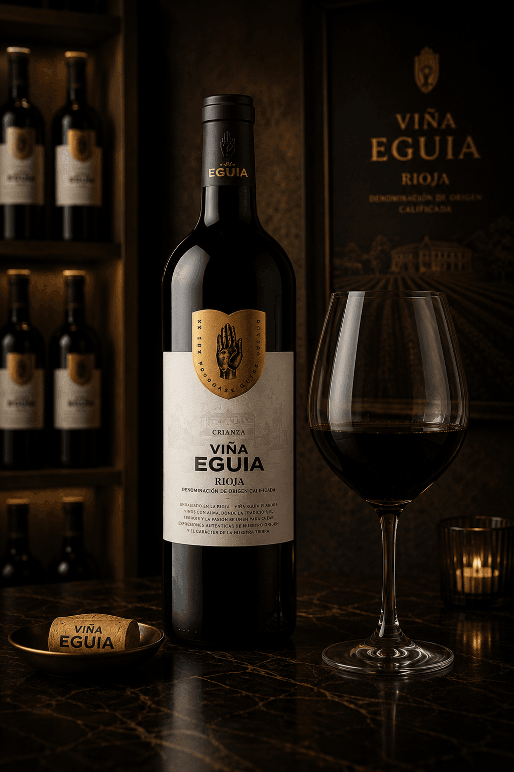Bouteille de vin rouge Viña Eguia Rioja et verre rempli dans une ambiance tamisée élégante.