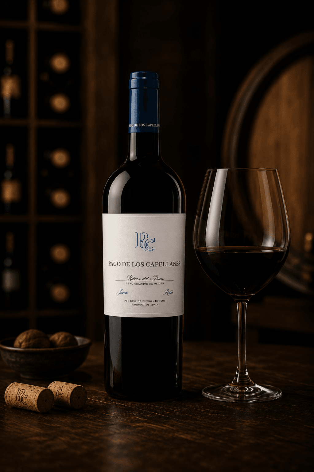Bouteille de vin rouge Pago de los Capellanes et verre rempli dans une cave rustique.