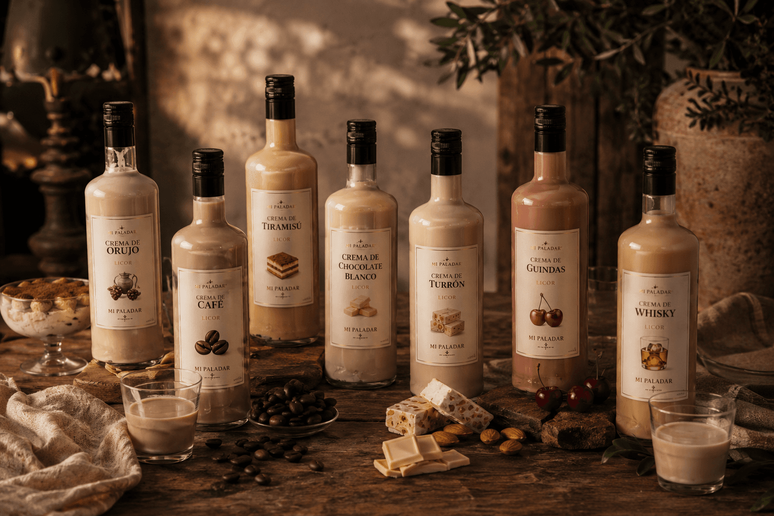 Sept bouteilles de liqueurs Mi Paladar sur bois avec café, cerises, nougat et chocolat.