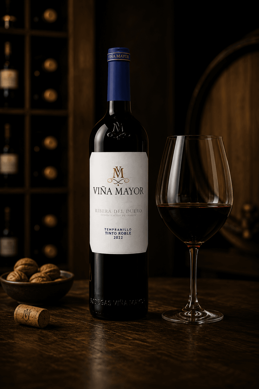 Bouteille de vin rouge Viña Mayor avec verre et noix sur table en bois.