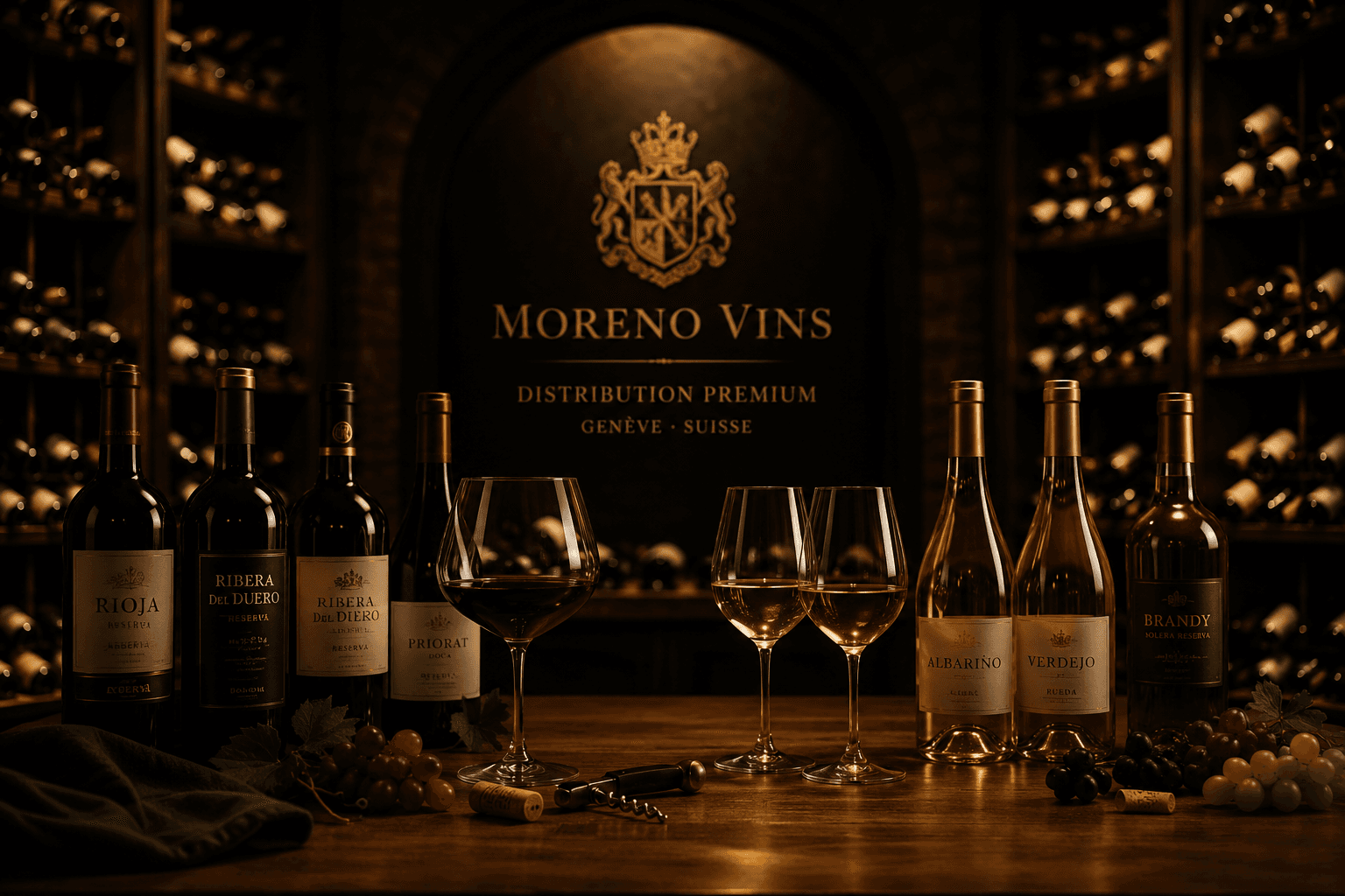 Bouteilles, verres de vin et raisins sur une table en bois dans une cave sombre.